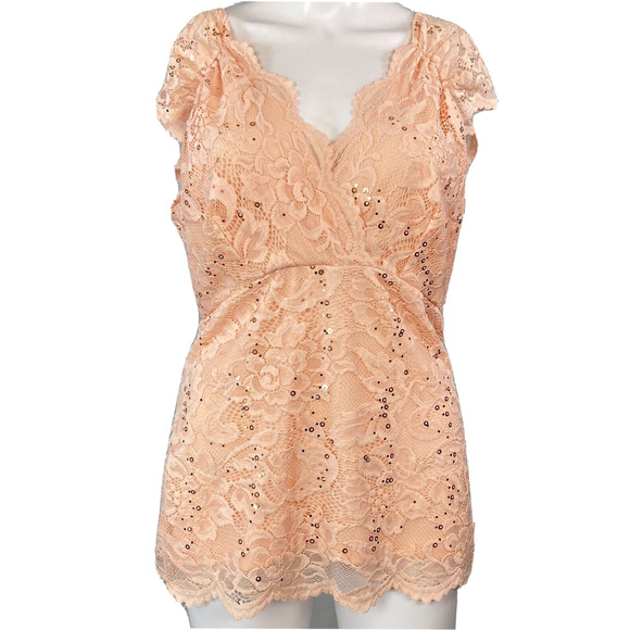 Boston Proper Shirt‎ Women Sz M Pink Sparkle Wrap Top Scalloped Lace Overlay - Picture 1 of 8